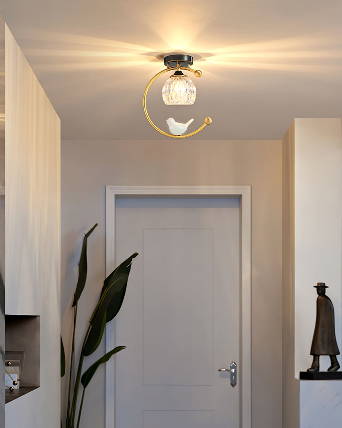 Ceramic Bird Ceiling Light Brass Frame Bud Glass Shades Entryway