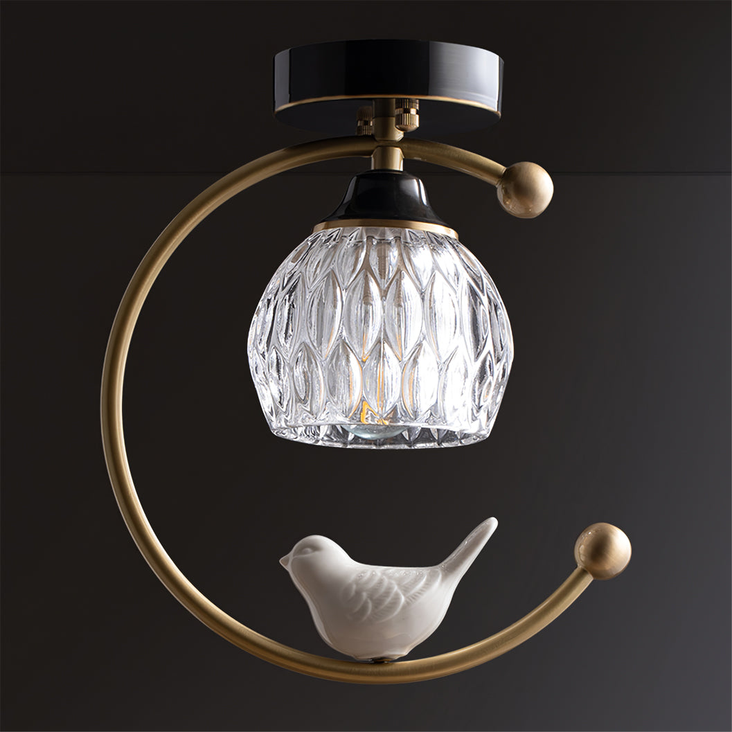 Ceramic Bird Ceiling Light Brass Frame Bud Glass Shades Entryway