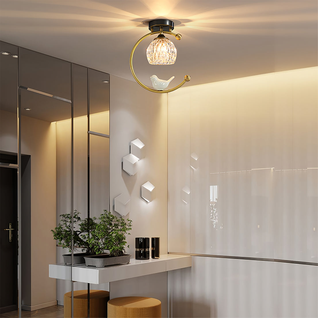 Ceramic Bird Ceiling Light Brass Frame Bud Glass Shades Entryway