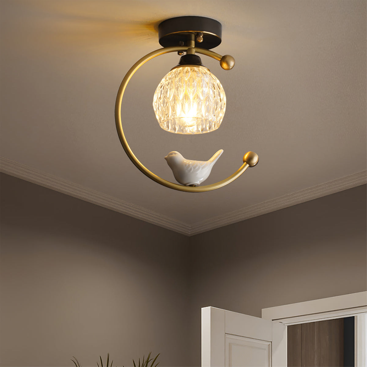 Ceramic Bird Ceiling Light Brass Frame Bud Glass Shades Entryway