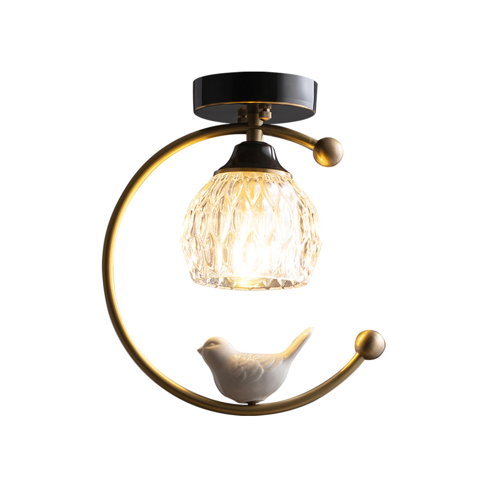 Ceramic Bird Ceiling Light Brass Frame Bud Glass Shades Entryway