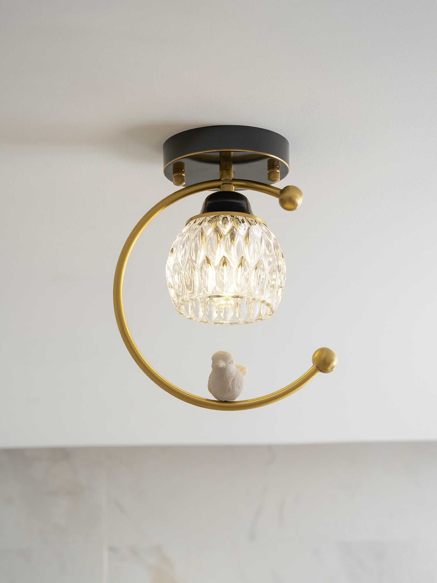 Ceramic Bird Ceiling Light Brass Frame Bud Glass Shades Entryway