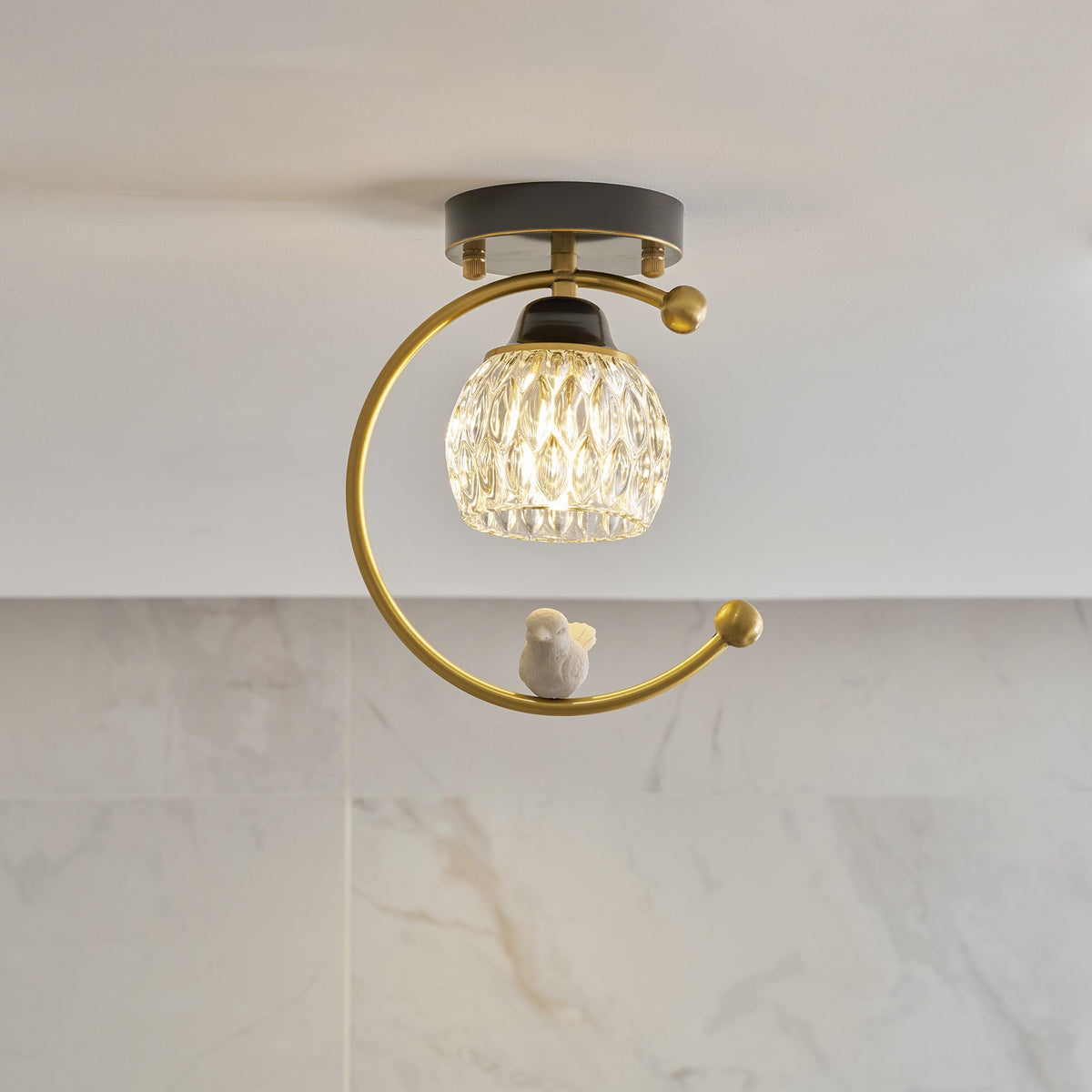 Ceramic Bird Ceiling Light Brass Frame Bud Glass Shades Entryway