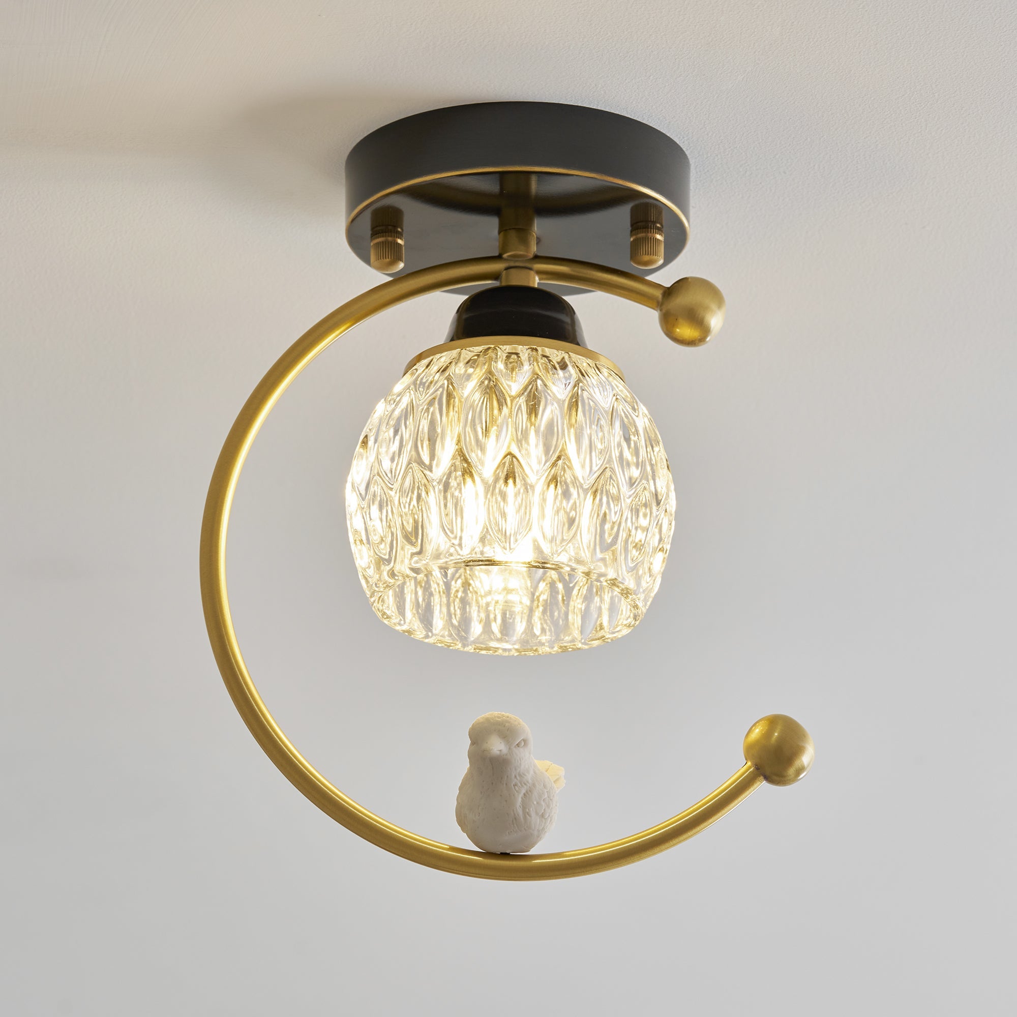 Ceramic Bird Ceiling Light Brass Frame Bud Glass Shades Entryway