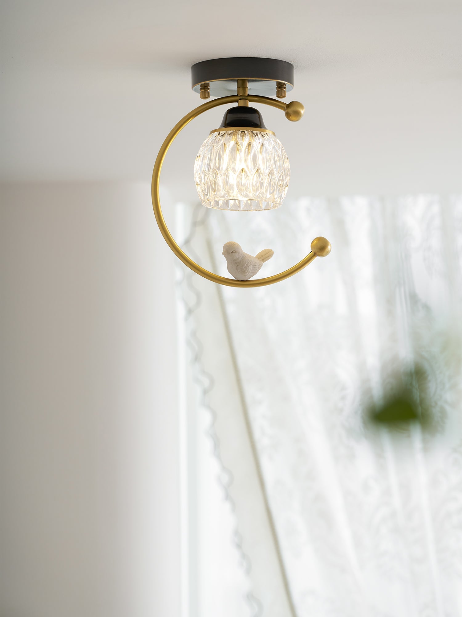 Ceramic Bird Ceiling Light Brass Frame Bud Glass Shades Entryway