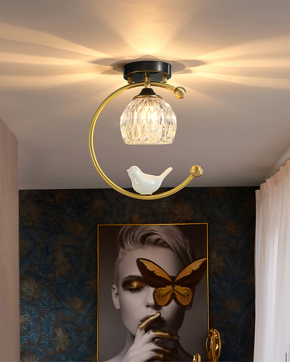 Ceramic Bird Ceiling Light Brass Frame Bud Glass Shades Entryway