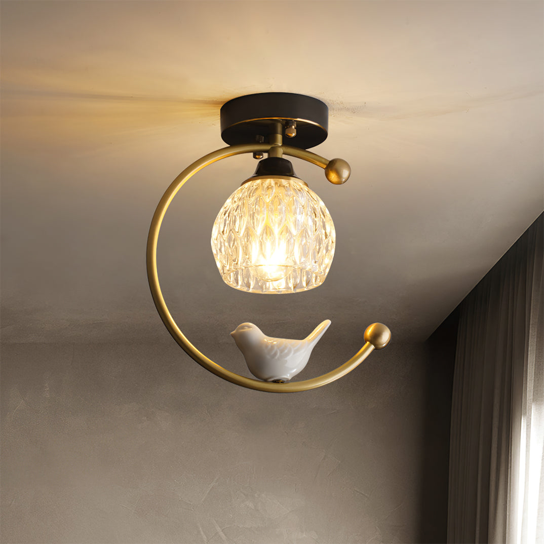 Ceramic Bird Ceiling Light Brass Frame Bud Glass Shades Entryway