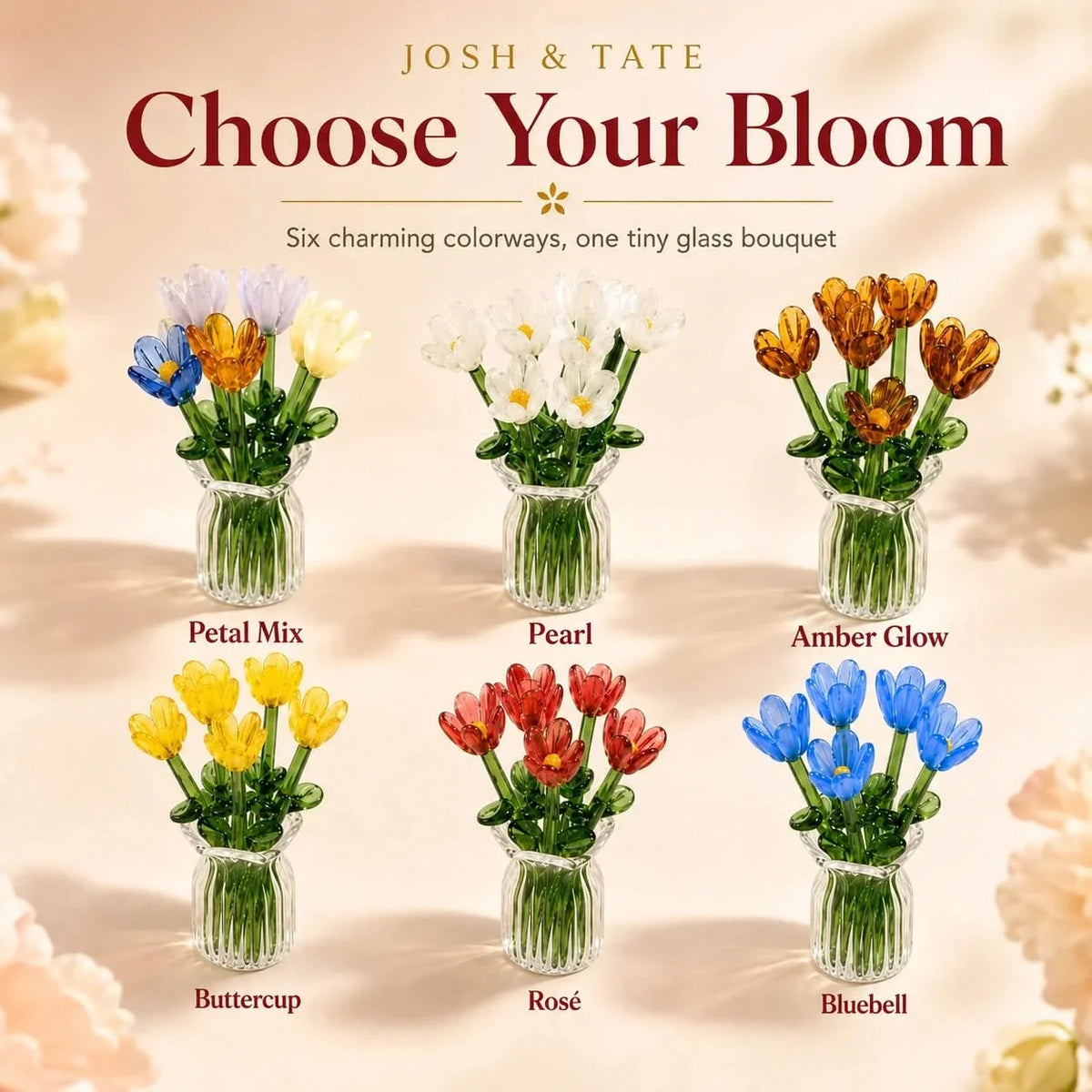 Glass Flower Bouquet with Mini Vase Handmade Set of 7