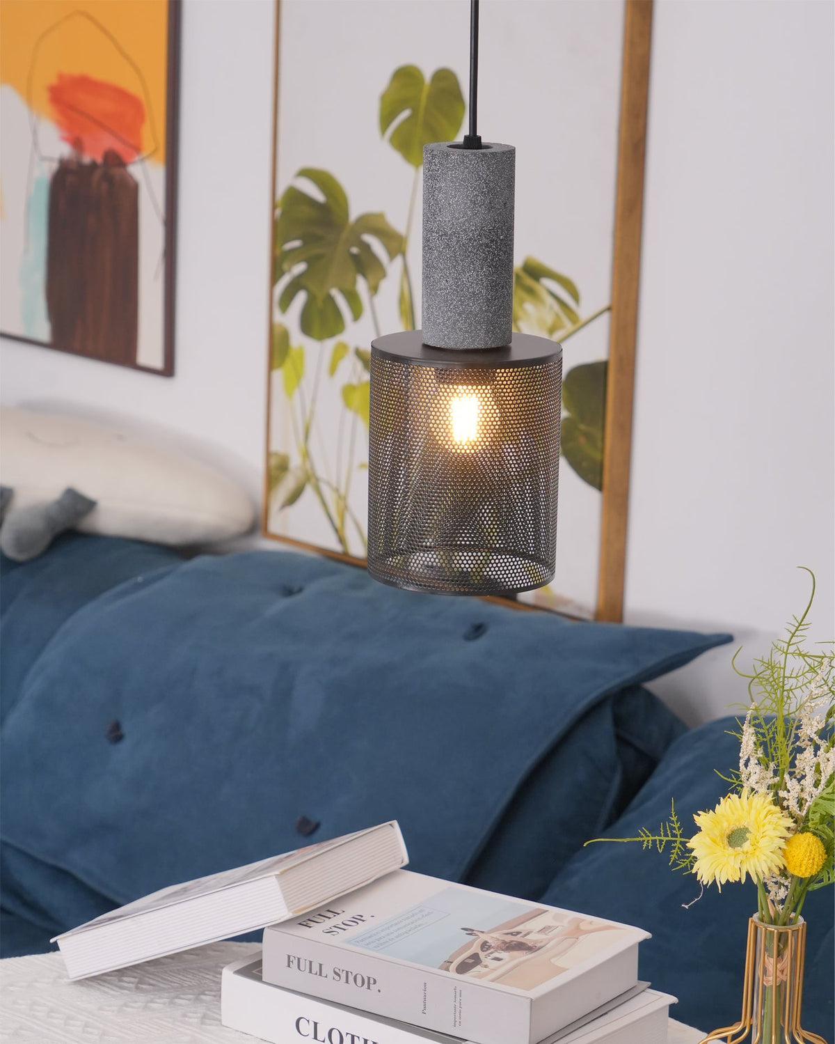 Concrete Pendant Light Cast Cement Cylinder Shade for Kitchen Island