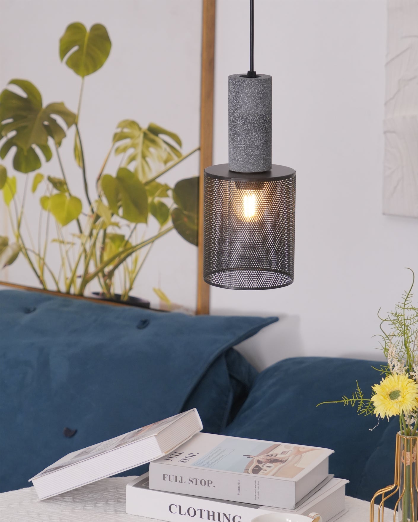 Concrete Pendant Light Cast Cement Cylinder Shade for Kitchen Island
