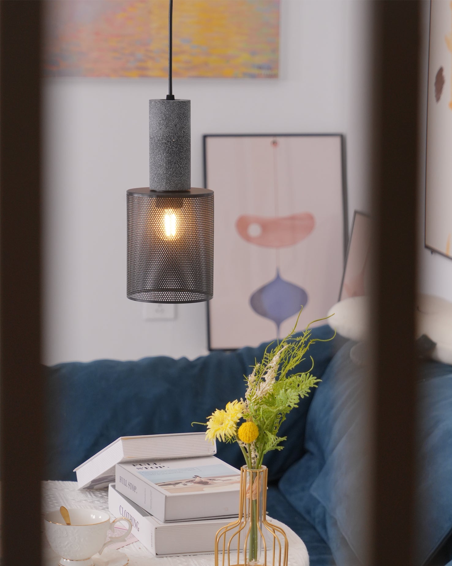 Concrete Pendant Light Cast Cement Cylinder Shade for Kitchen Island