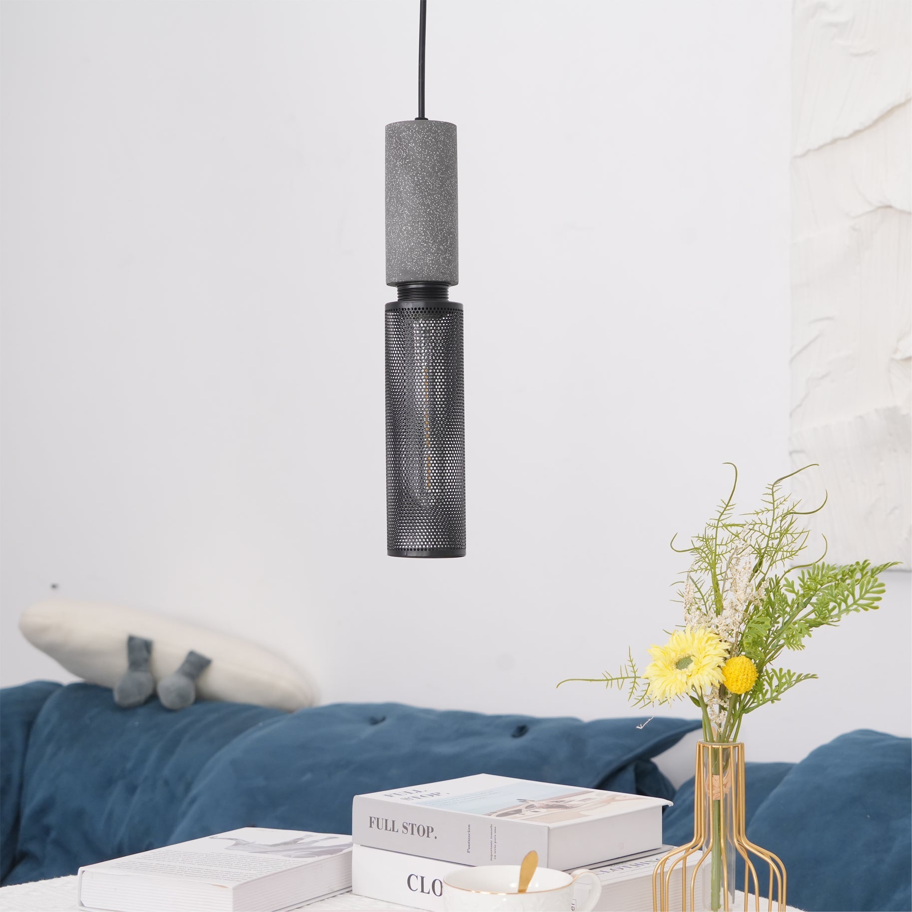 Concrete Pendant Light Cast Cement Cylinder Shade for Kitchen Island