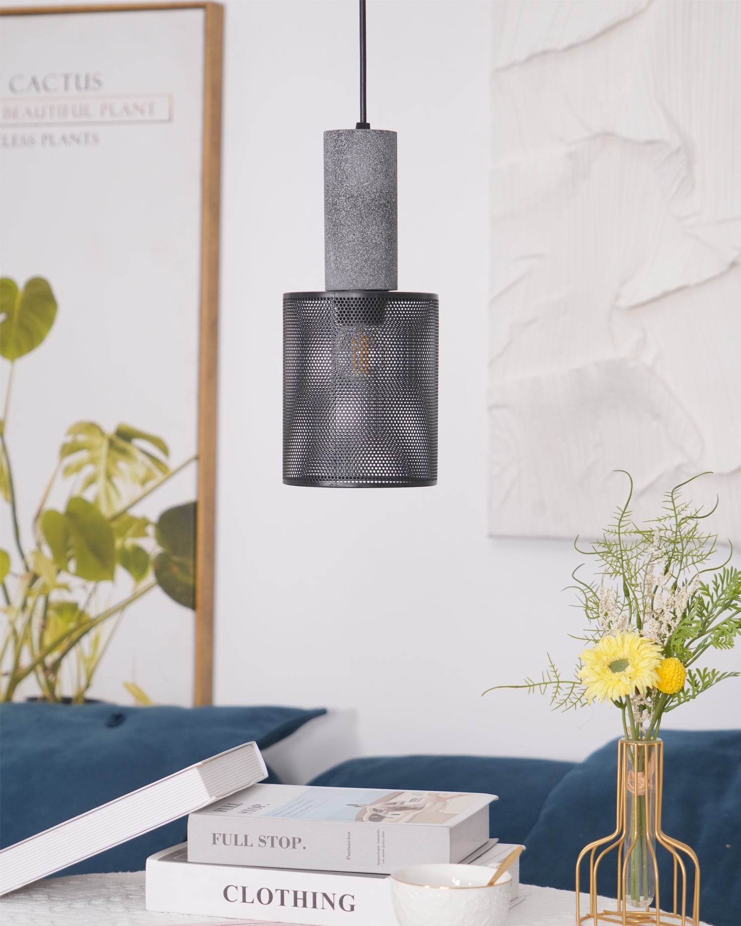 Concrete Pendant Light Cast Cement Cylinder Shade for Kitchen Island