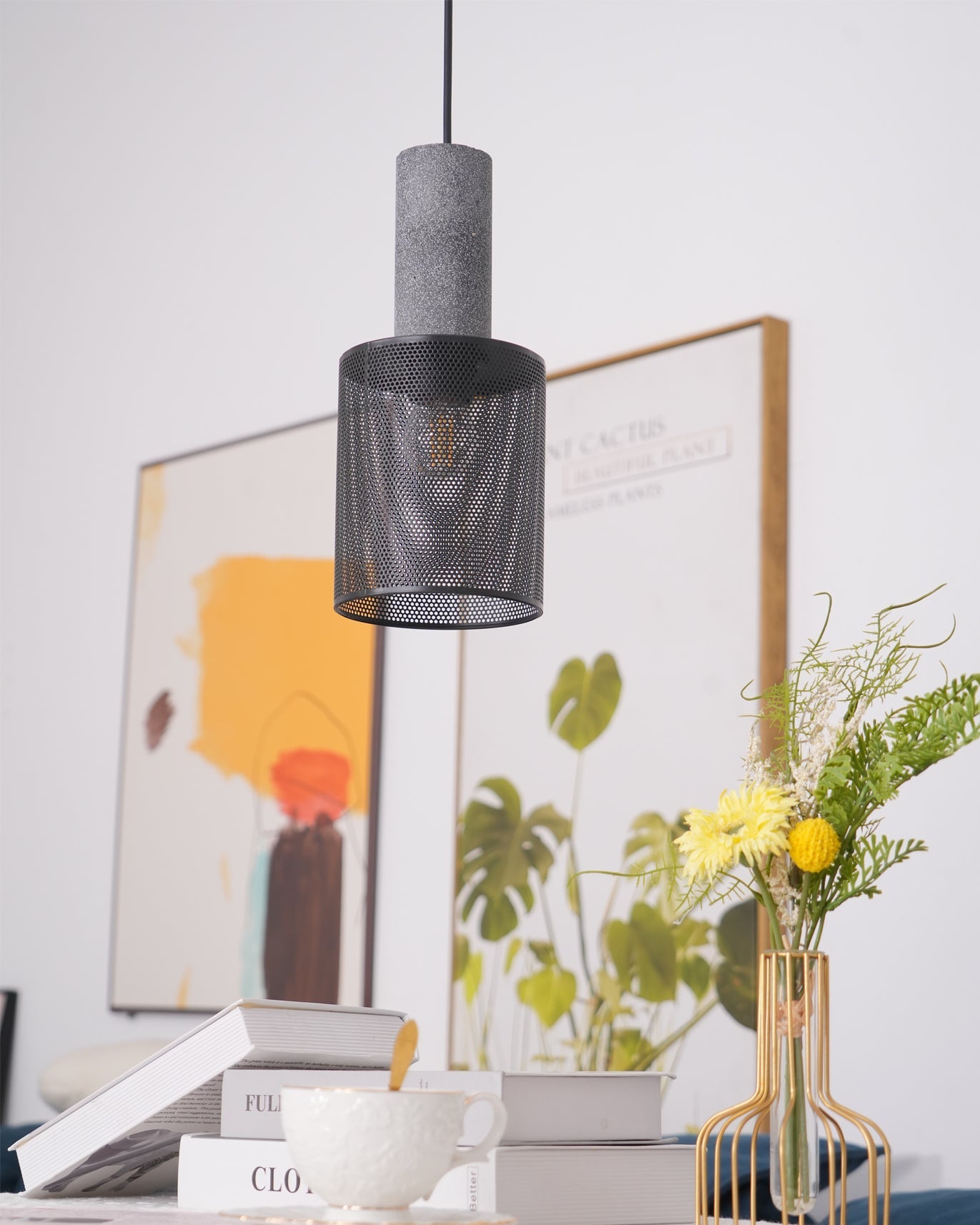 Concrete Pendant Light Cast Cement Cylinder Shade for Kitchen Island