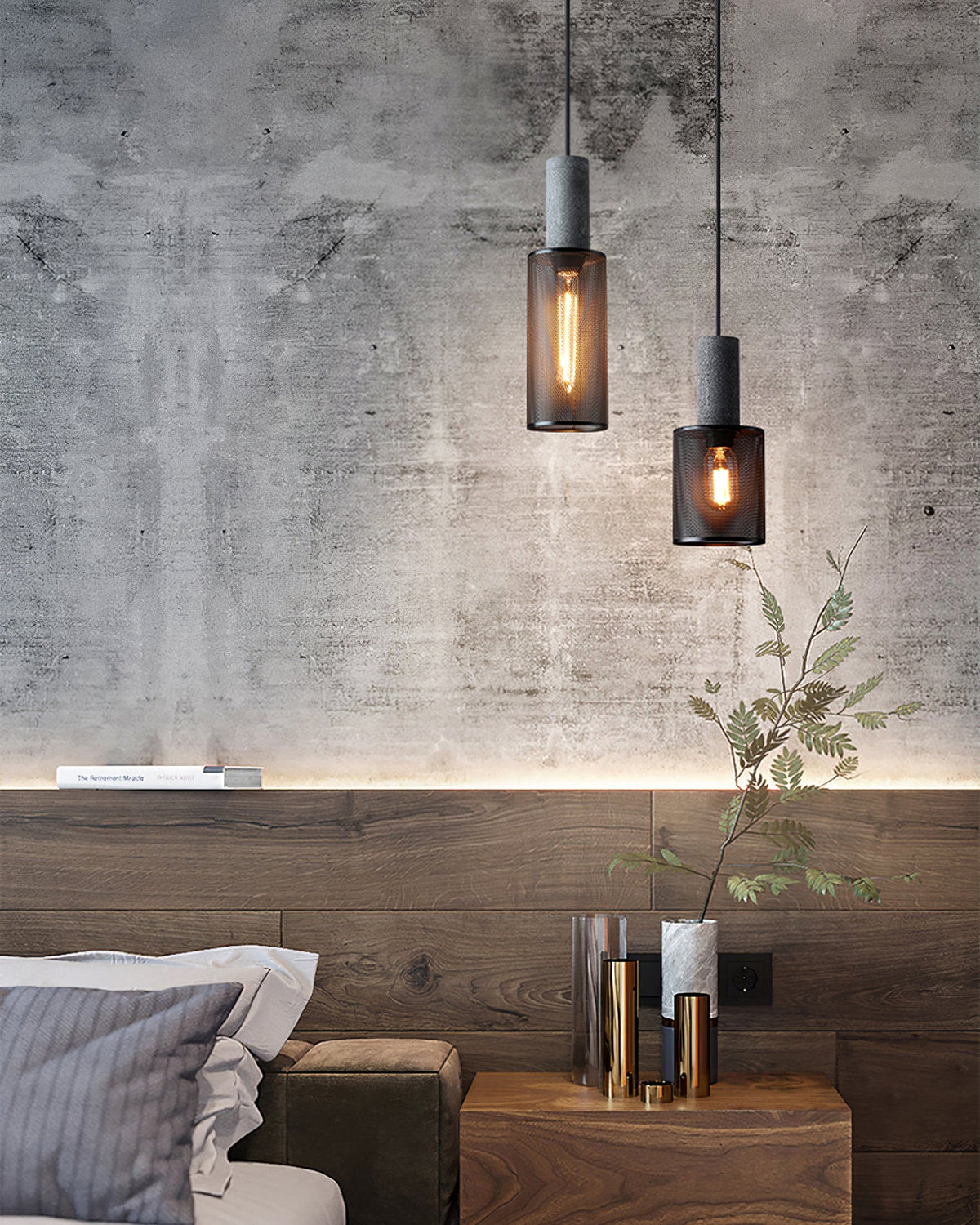 Concrete Pendant Light Cast Cement Cylinder Shade for Kitchen Island