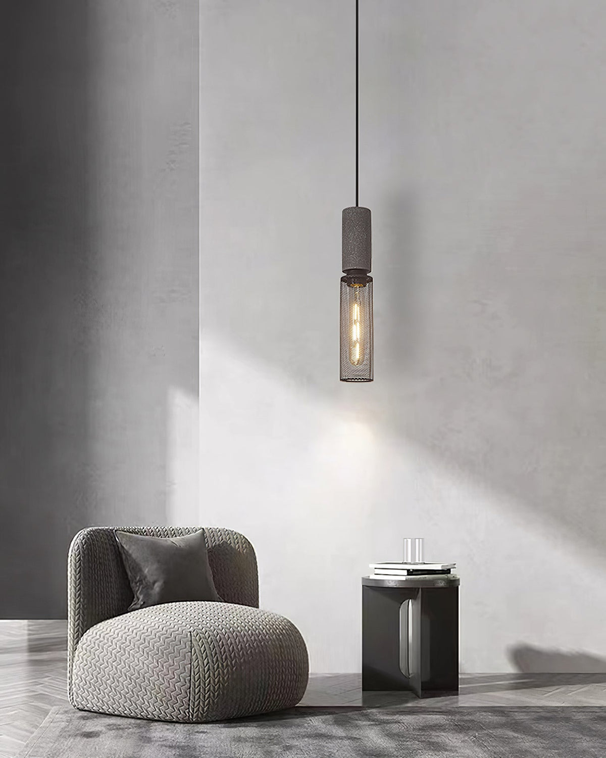 Concrete Pendant Light Cast Cement Cylinder Shade for Kitchen Island