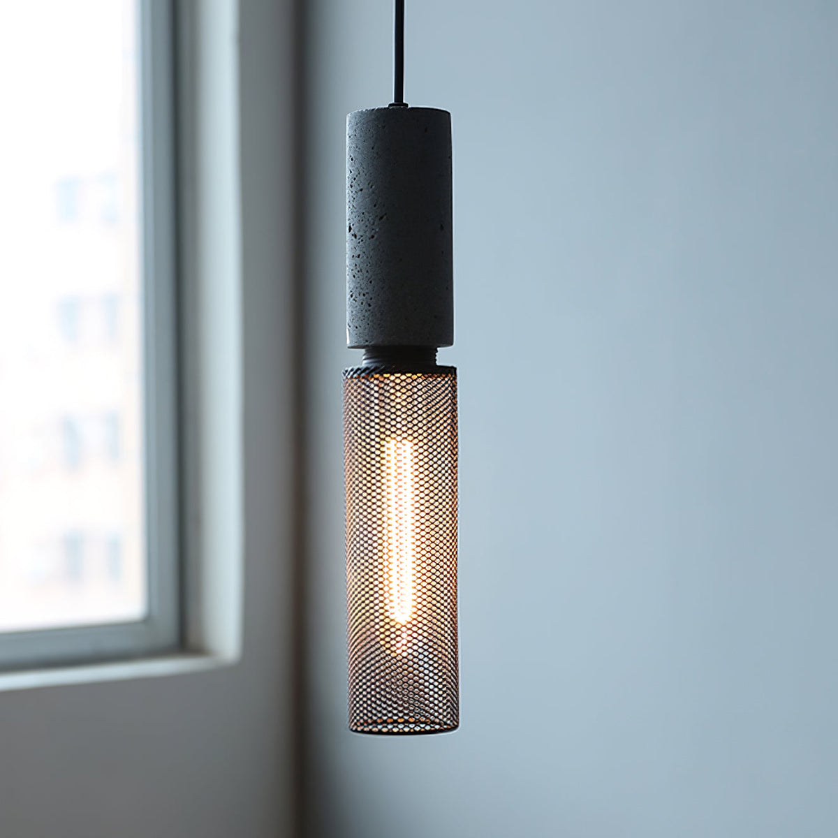 Concrete Pendant Light Cast Cement Cylinder Shade for Kitchen Island