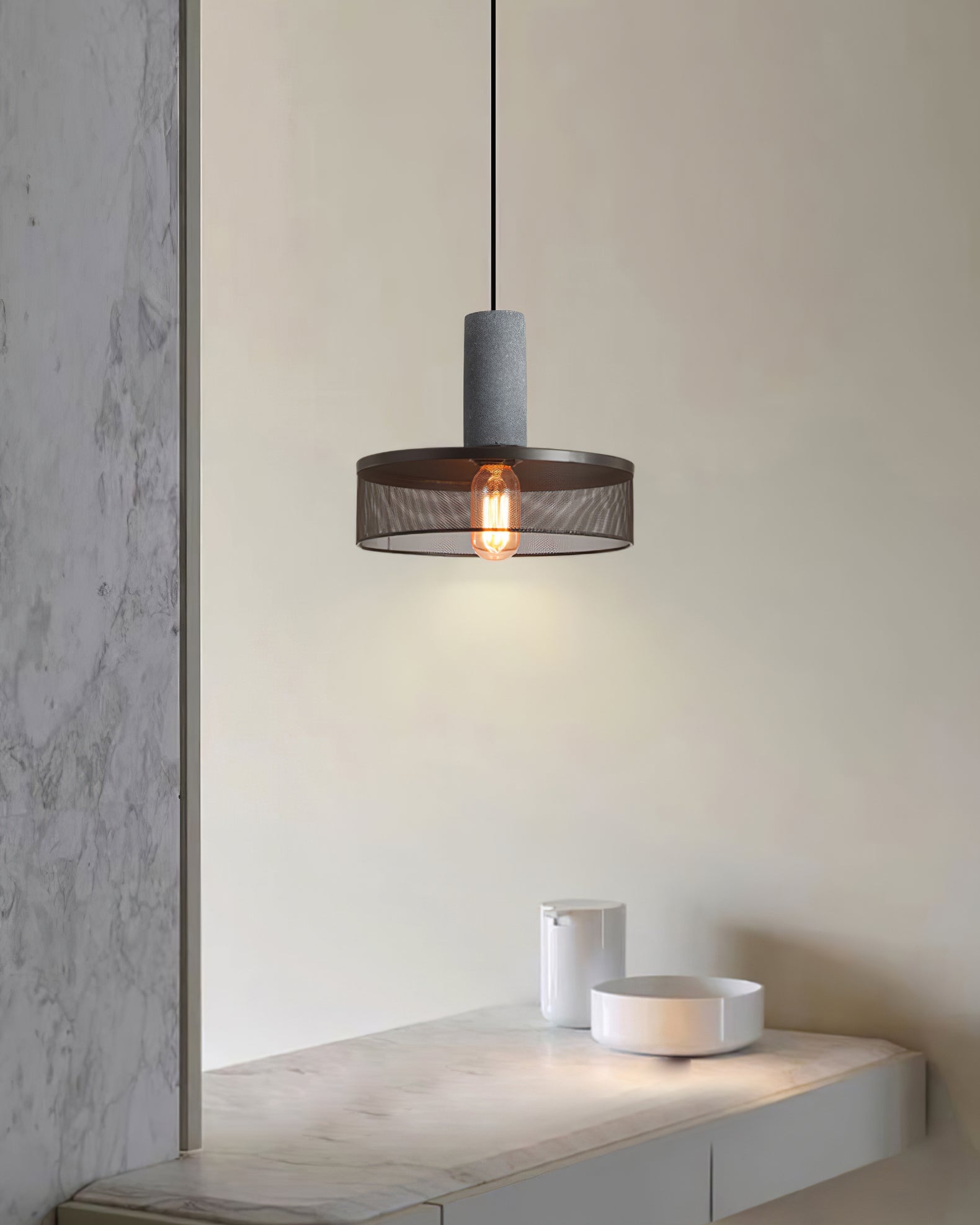 Concrete Pendant Light Cast Cement Cylinder Shade for Kitchen Island