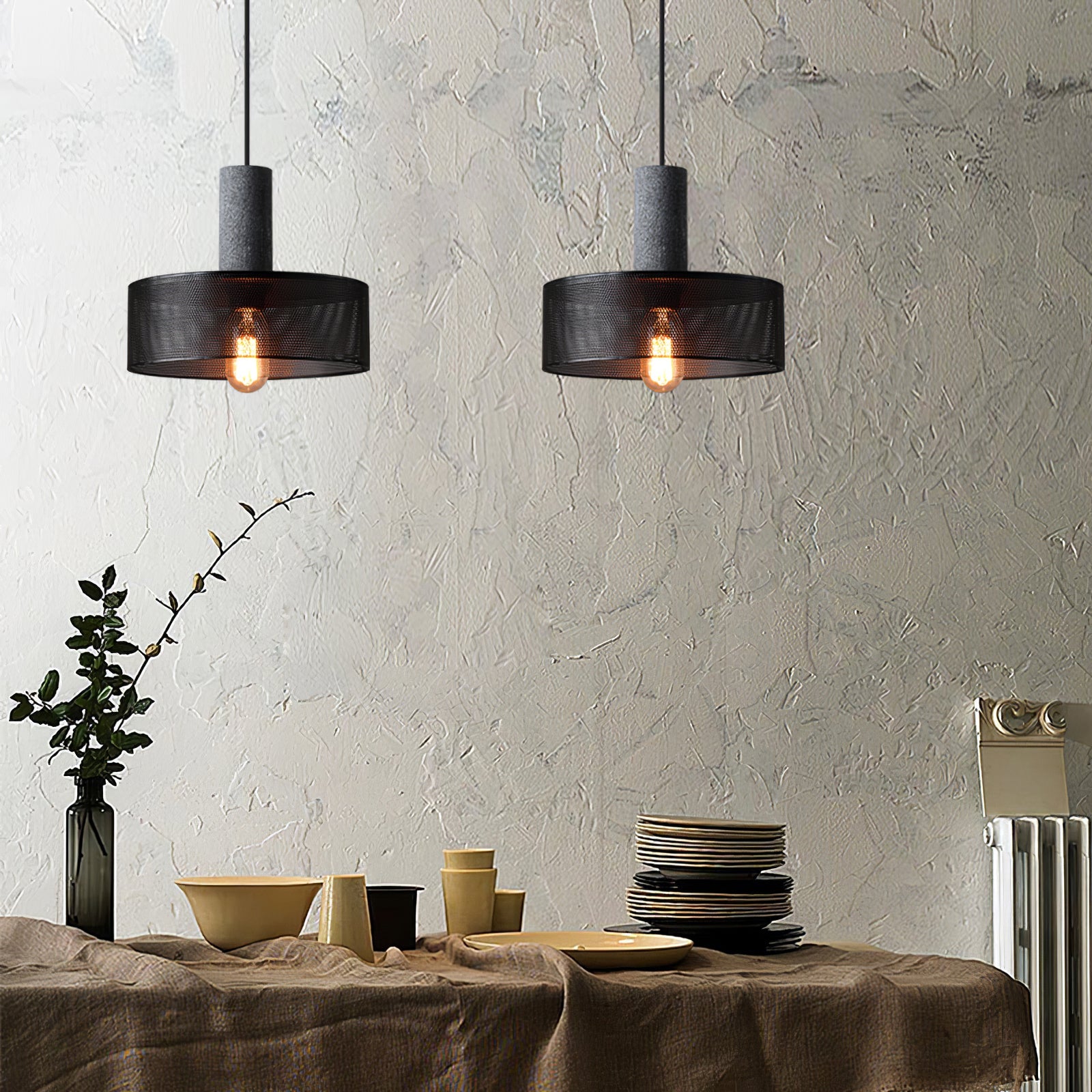 Concrete Pendant Light Cast Cement Cylinder Shade for Kitchen Island