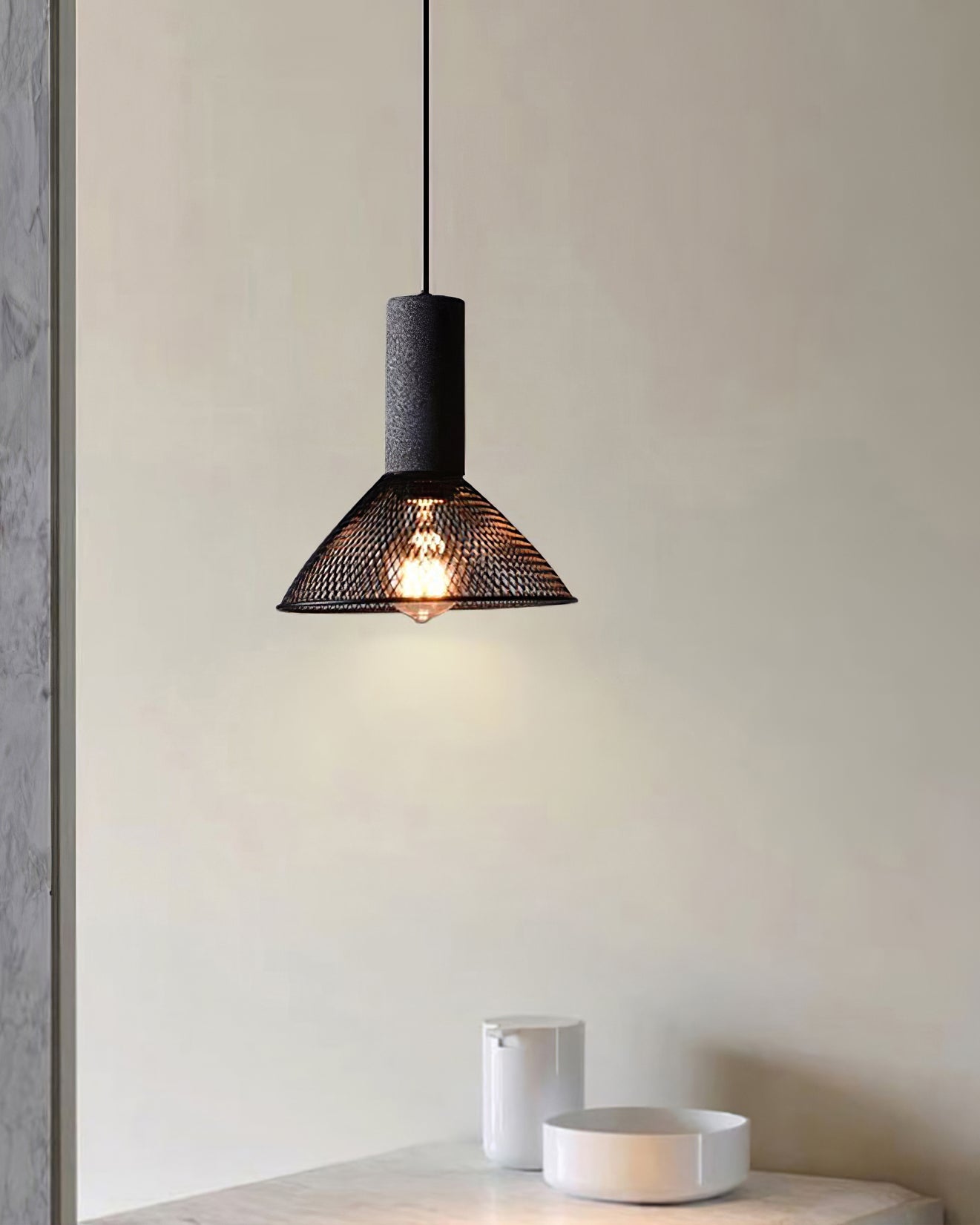 Concrete Pendant Light Cast Cement Cylinder Shade for Kitchen Island
