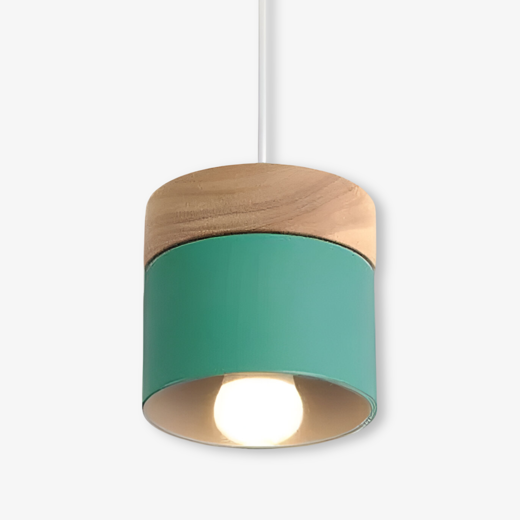 Cylindrisk pendelbordlampe i metal og træ