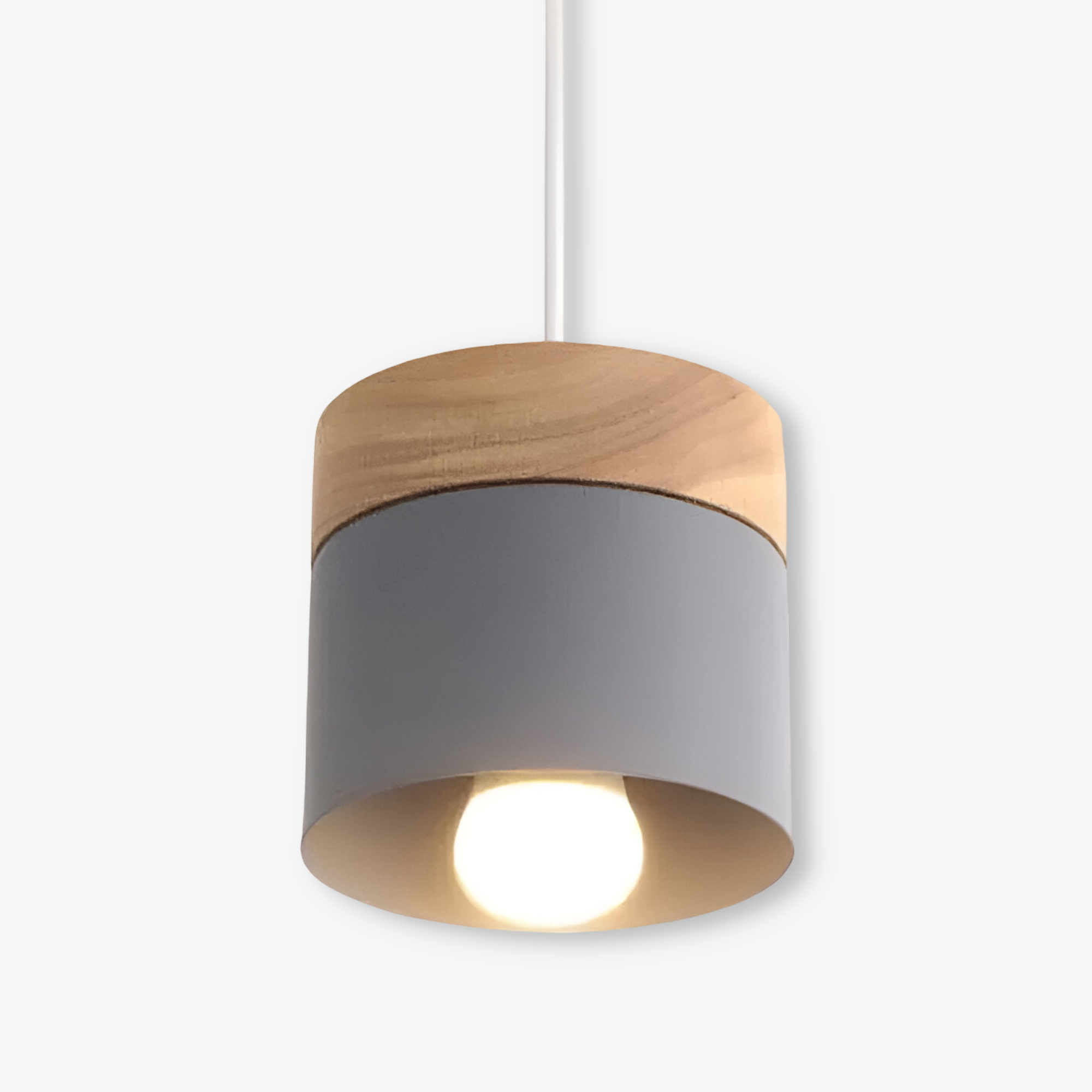 Cylindrisk pendelbordlampe i metal og træ