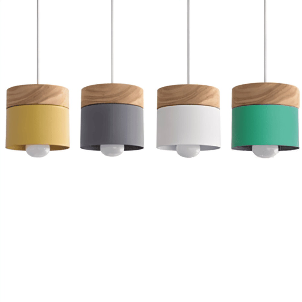 Cylindrisk pendelbordlampe i metal og træ