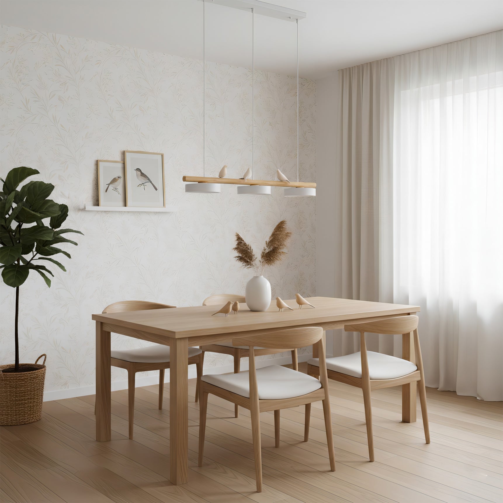 Linear Bar Pendant Light with Movable Bird Figurines Remote Dimming LED