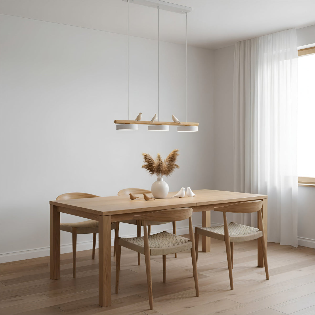 Linear Bar Pendant Light with Movable Bird Figurines Remote Dimming LED