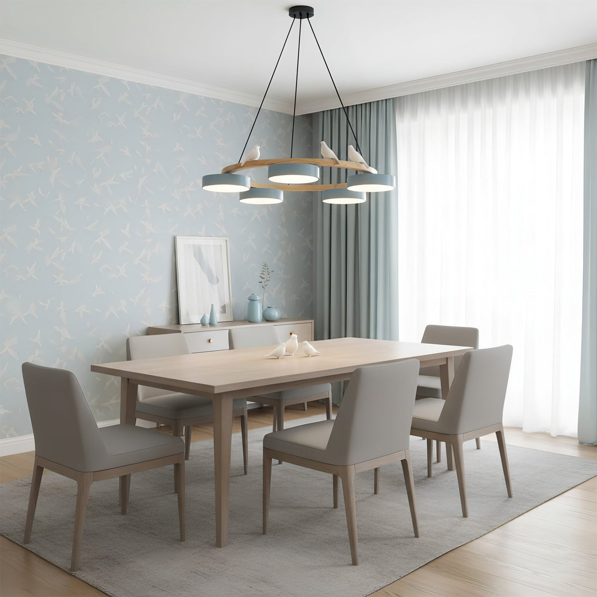 Round Wood Chandelier with Bird Figurines LED Dimmable Dining Room