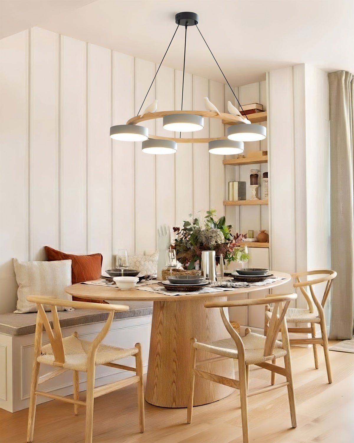 Round Wood Chandelier with Bird Figurines LED Dimmable Dining Room