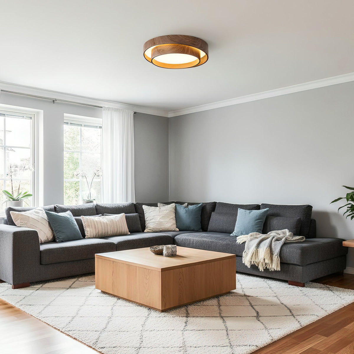 Flush Mount Ceiling Light LED Walnut Finish Dimmable Living Room