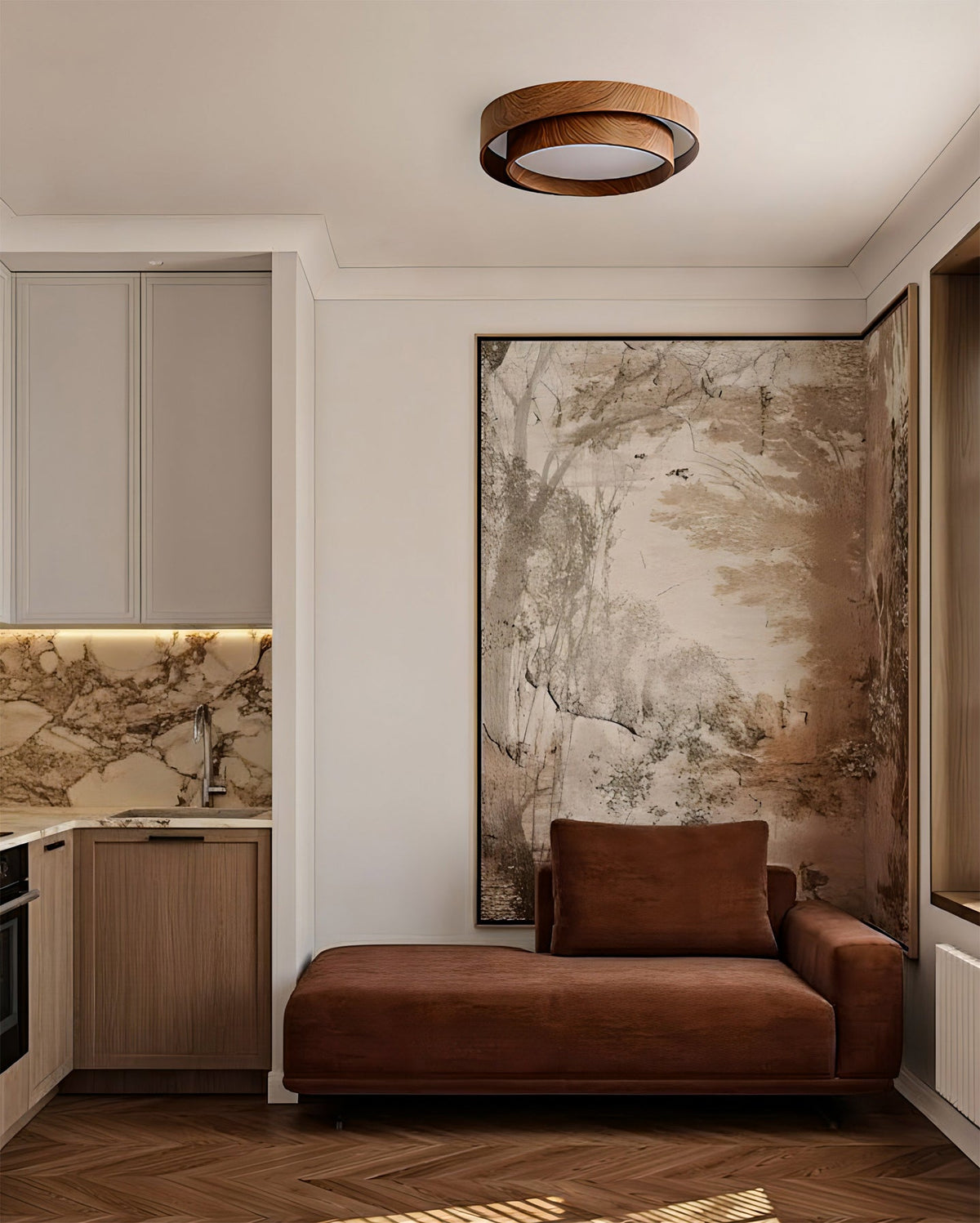 Flush Mount Ceiling Light LED Walnut Finish Dimmable Living Room