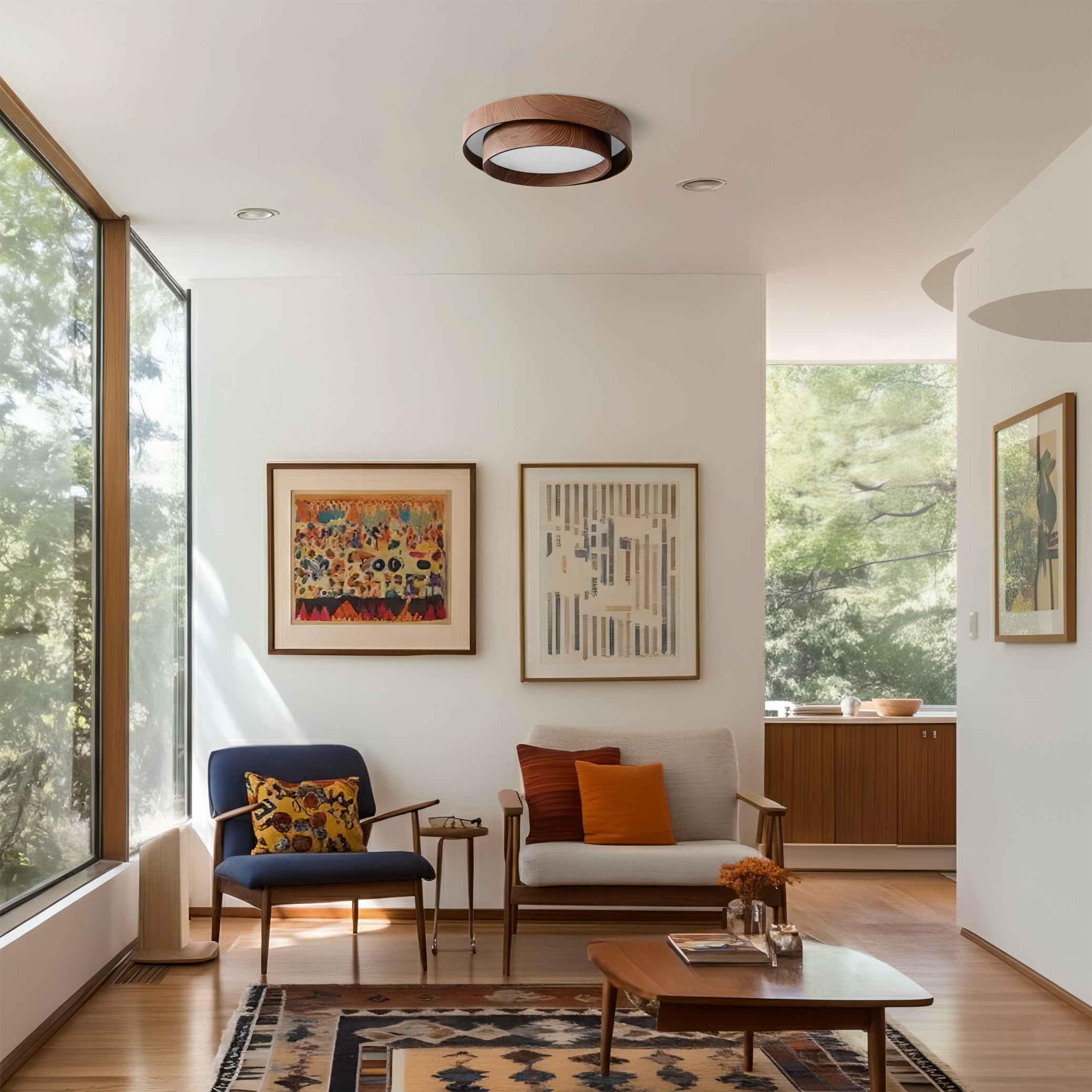 Flush Mount Ceiling Light LED Walnut Finish Dimmable Living Room