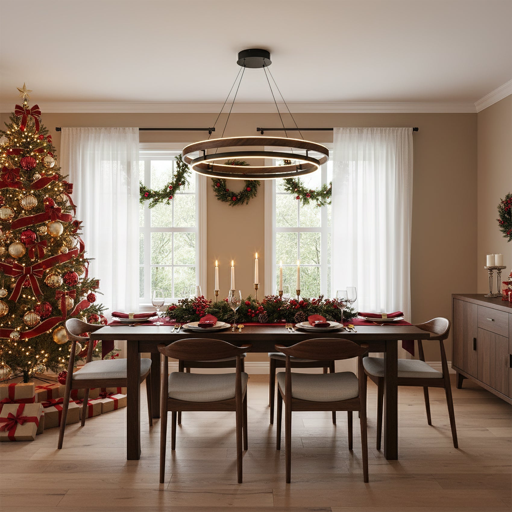 Halo Ring LED Pendant Light Walnut Finish Triac Dimmable Living Room