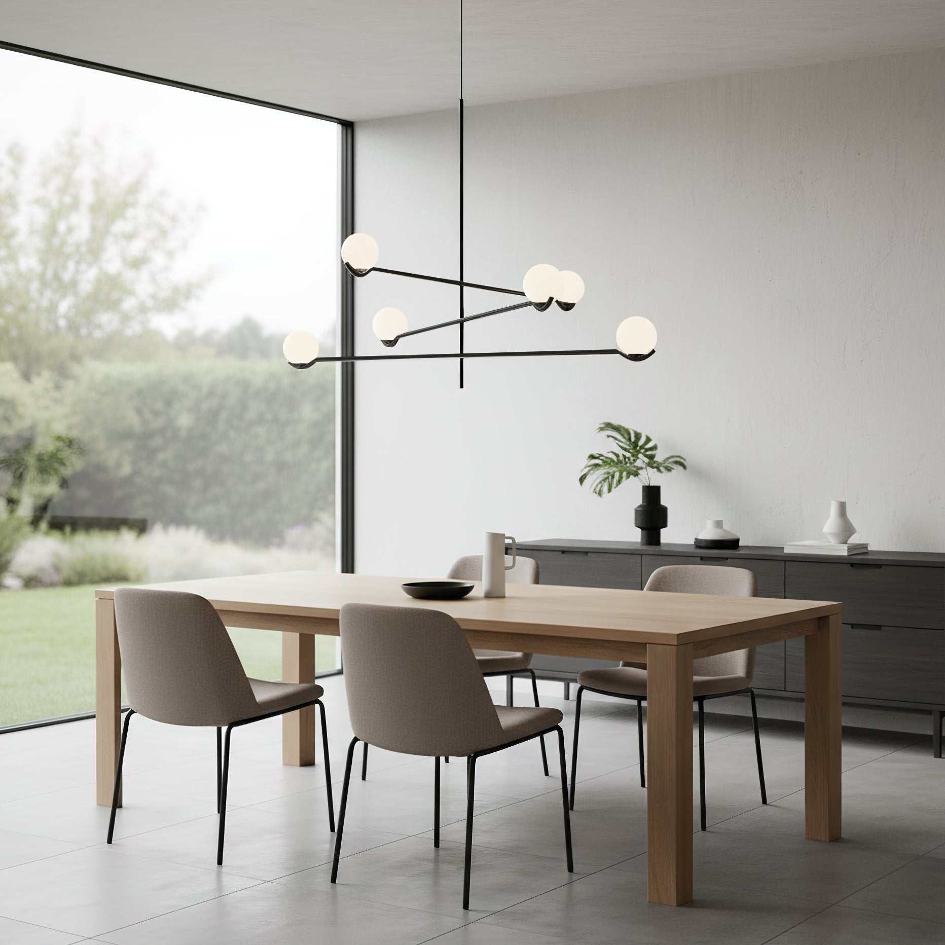 Multi Globe Pendant Light White Glass Shades on Slim Rods Dining Table