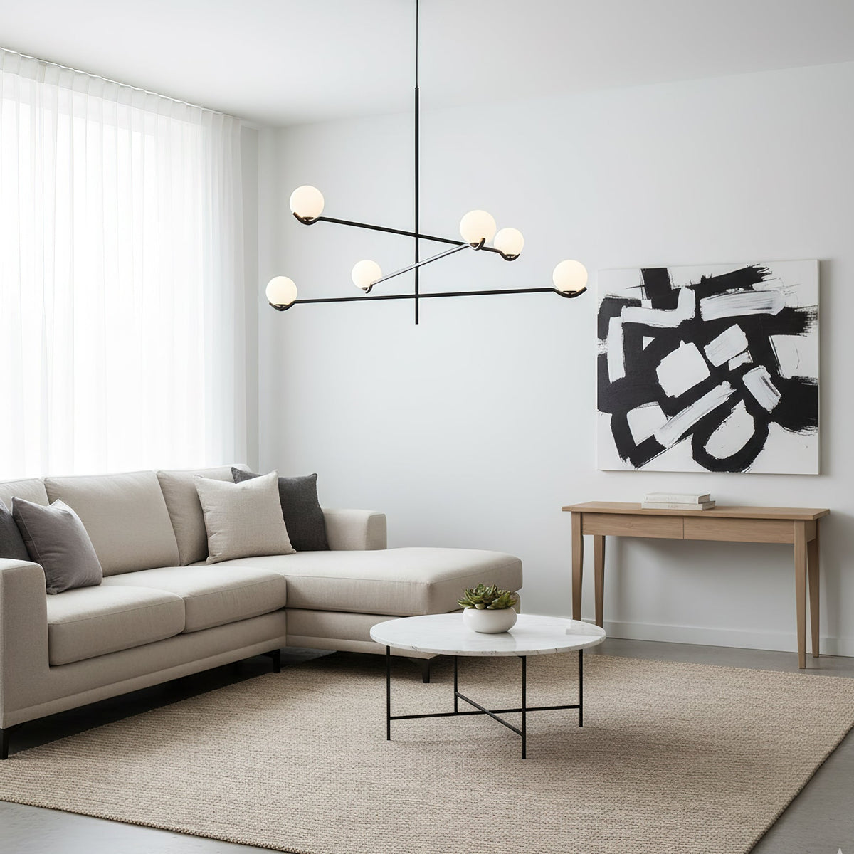 Multi Globe Pendant Light White Glass Shades on Slim Rods Dining Table