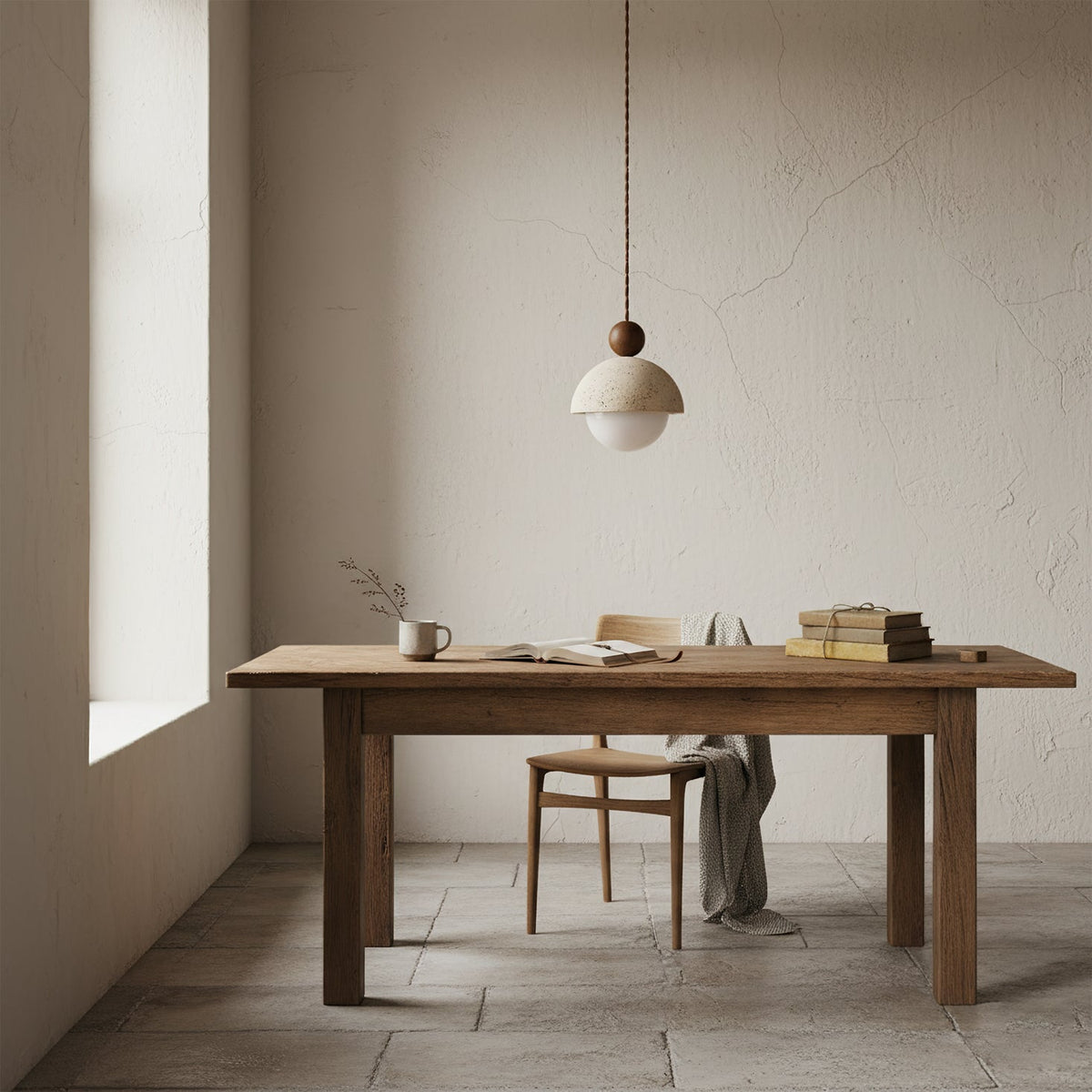 Travertine Pendant Light with Glass Globe and Wood Accent Kitchen Island