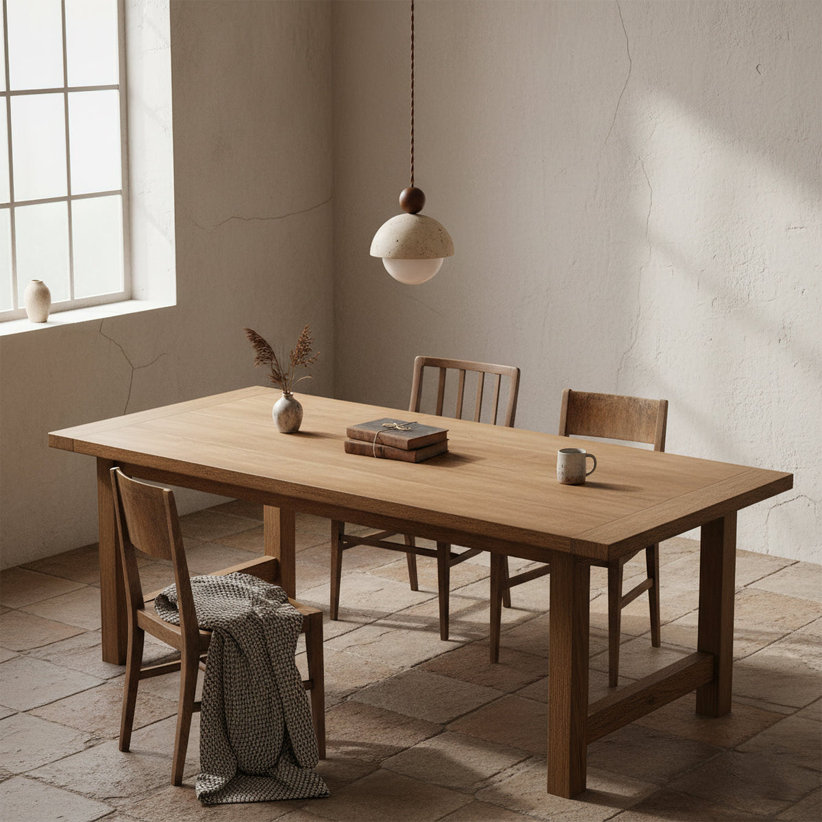 Travertine Pendant Light with Glass Globe and Wood Accent Kitchen Island