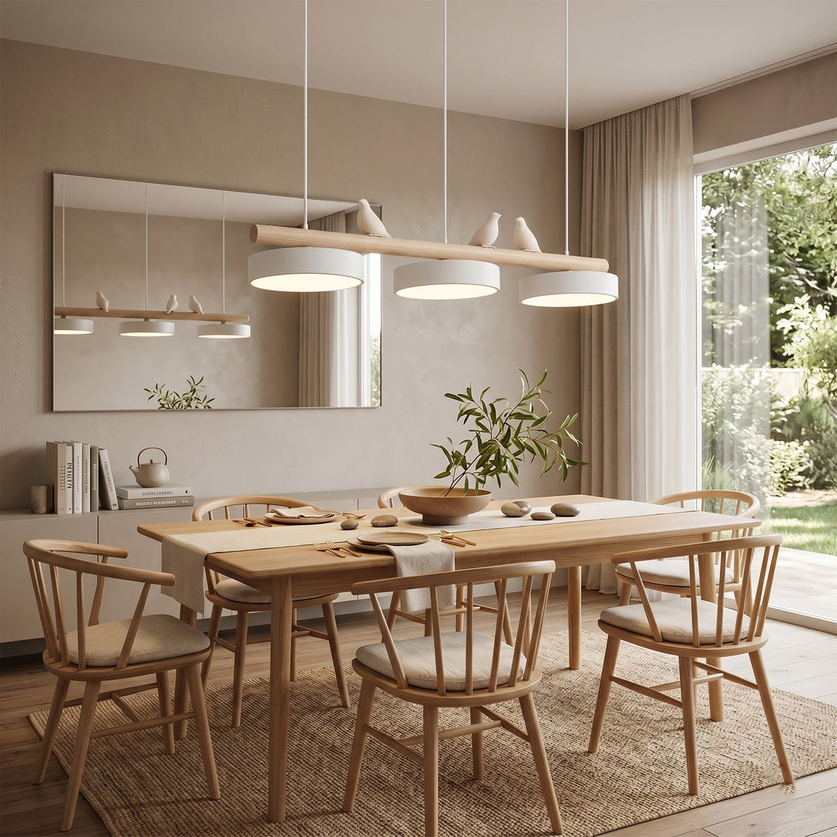 Linear Bar Pendant Light with Movable Bird Figurines Remote Dimming LED