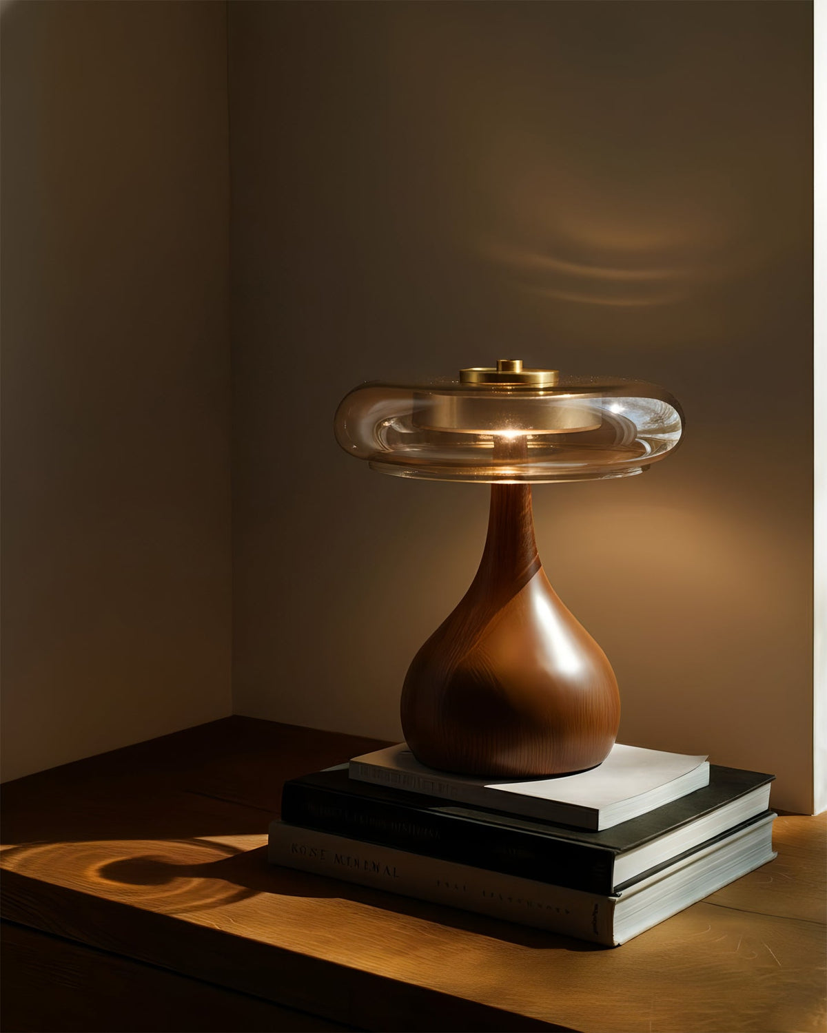 Glass Table Lamp Brass and Wood Base Three Color Temperatures Bedside