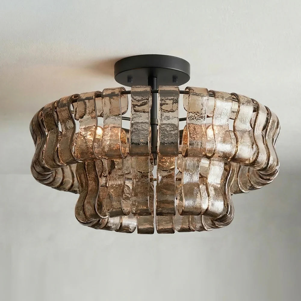 Sculptural Ice Glass Ceiling Light Hand Crafted Faceted Shades Foyer