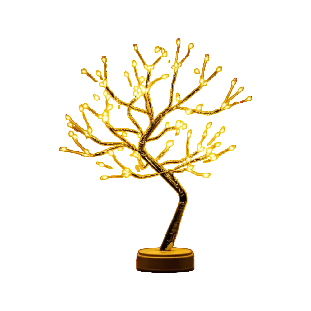 Dekorativ trælampe med bonsai grenstruktur og varmt lyspunkt