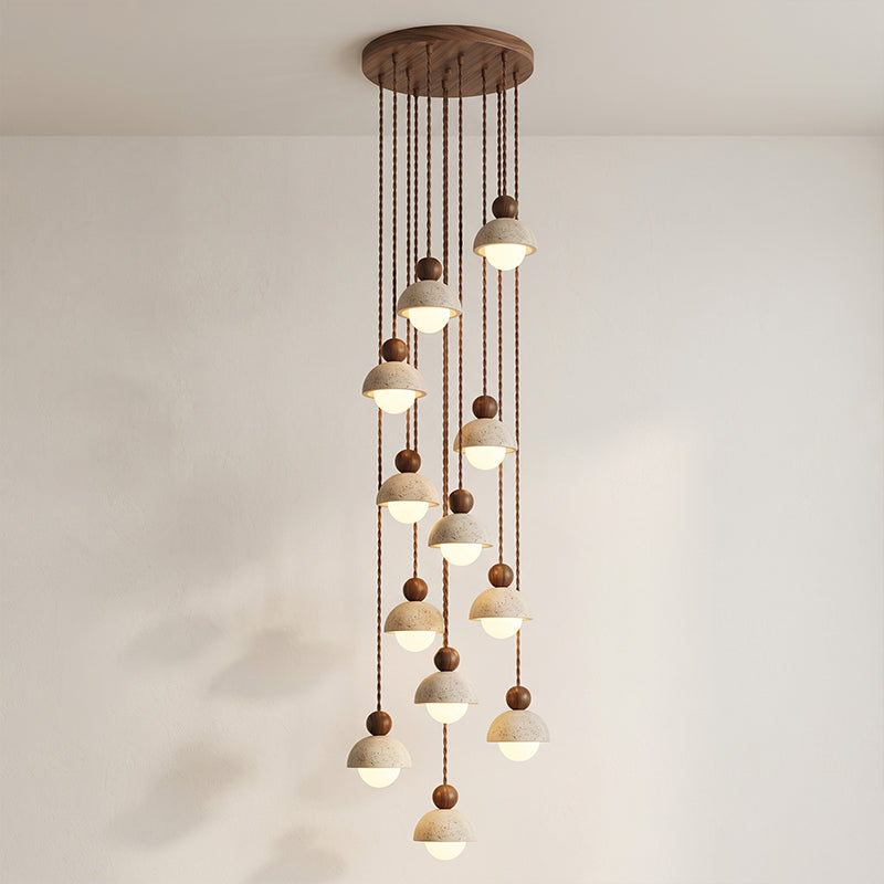 Travertine Pendant Light with Glass Globe and Wood Accent Kitchen Island