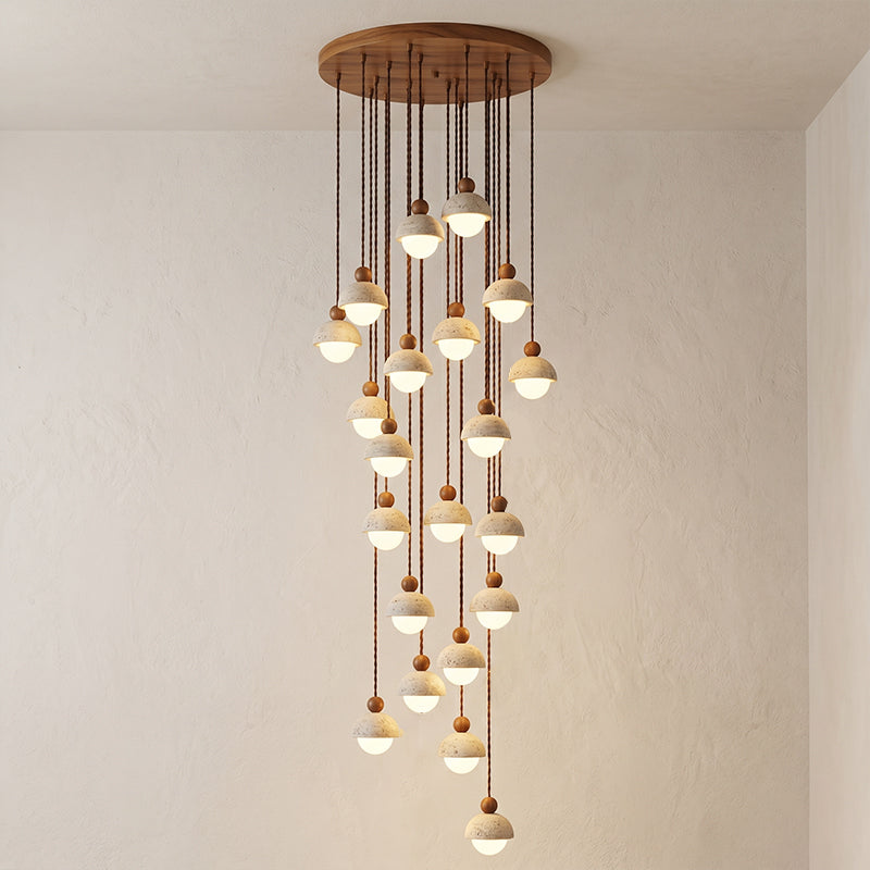 Travertine Pendant Light with Glass Globe and Wood Accent Kitchen Island