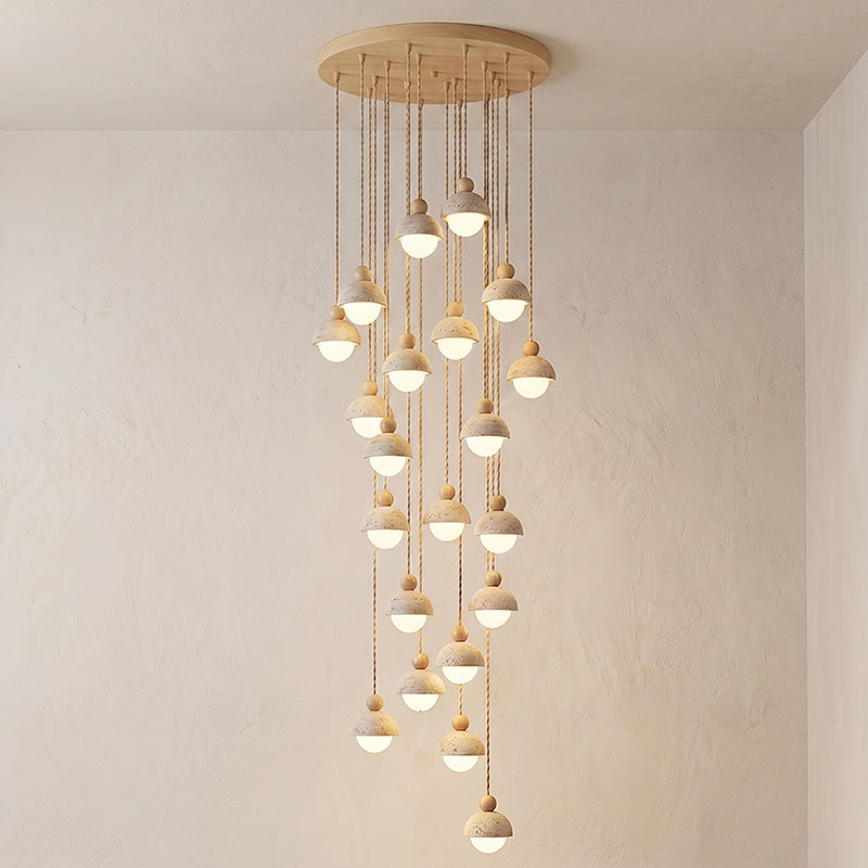 Travertine Pendant Light with Glass Globe and Wood Accent Kitchen Island