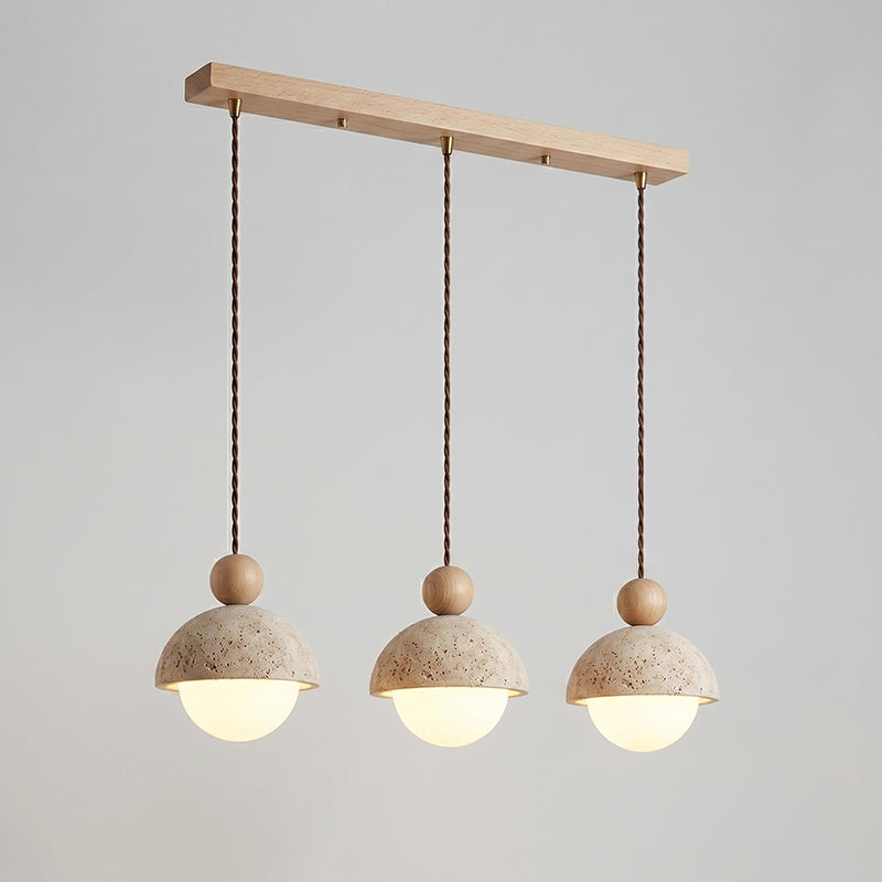 Travertine Pendant Light with Glass Globe and Wood Accent Kitchen Island