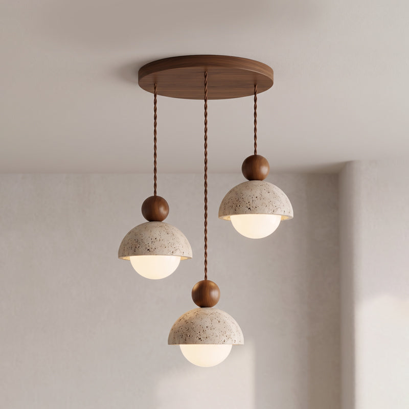 Travertine Pendant Light with Glass Globe and Wood Accent Kitchen Island