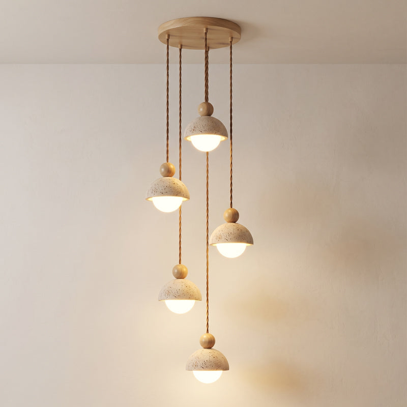 Travertine Pendant Light with Glass Globe and Wood Accent Kitchen Island