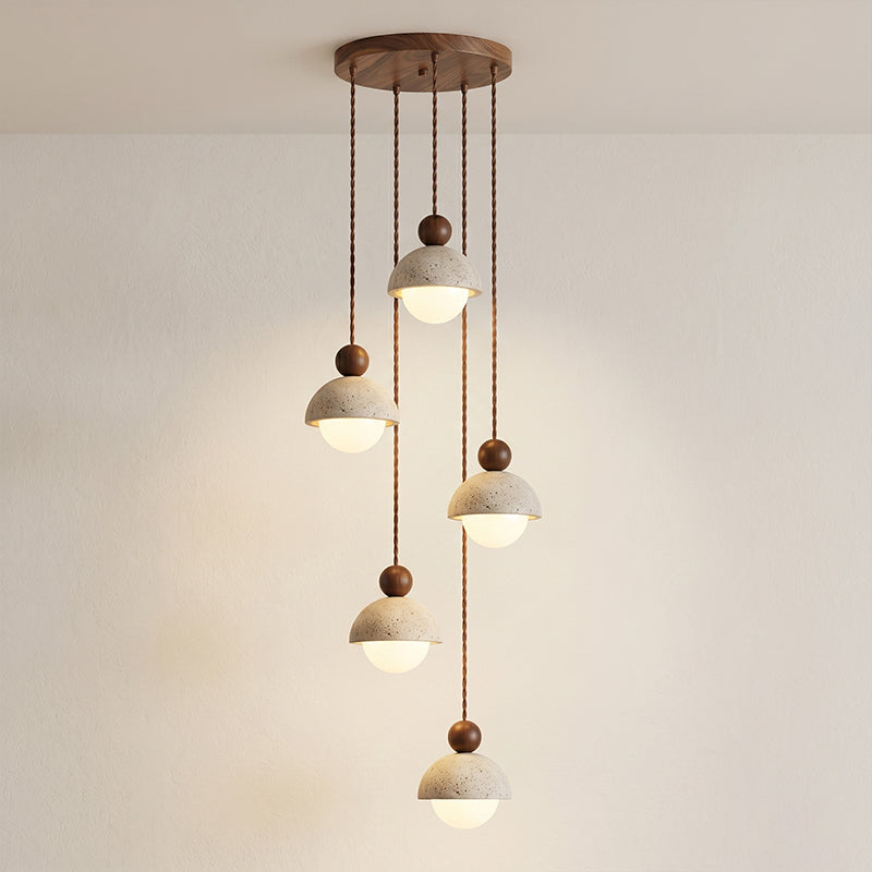 Travertine Pendant Light with Glass Globe and Wood Accent Kitchen Island